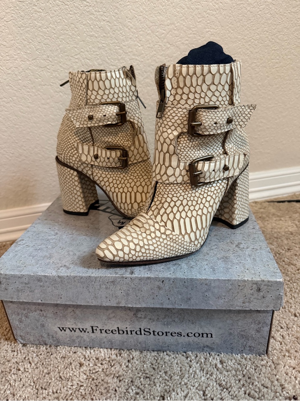 Freebird by Steven Joey Boot Cream Snake-Print Buckle Ankle Boots